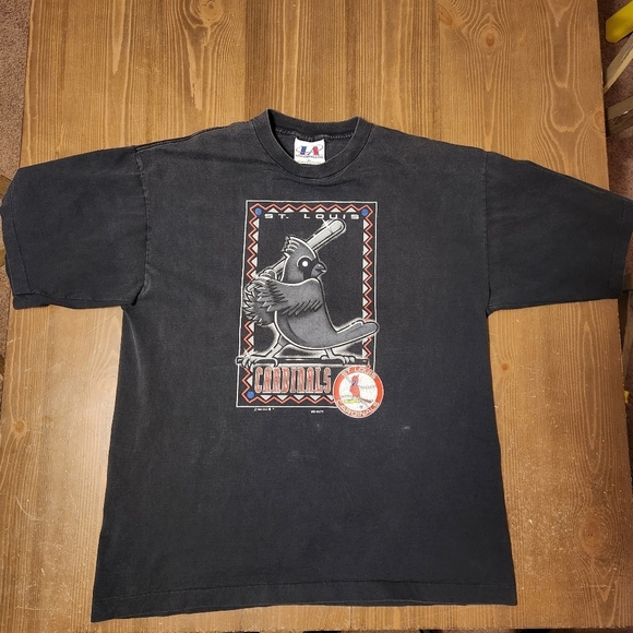 Vtg 90s St Louis Cardinals Logo Athletic T Shirt Black Cards Graphic Print 1993 - Picture 1 of 16